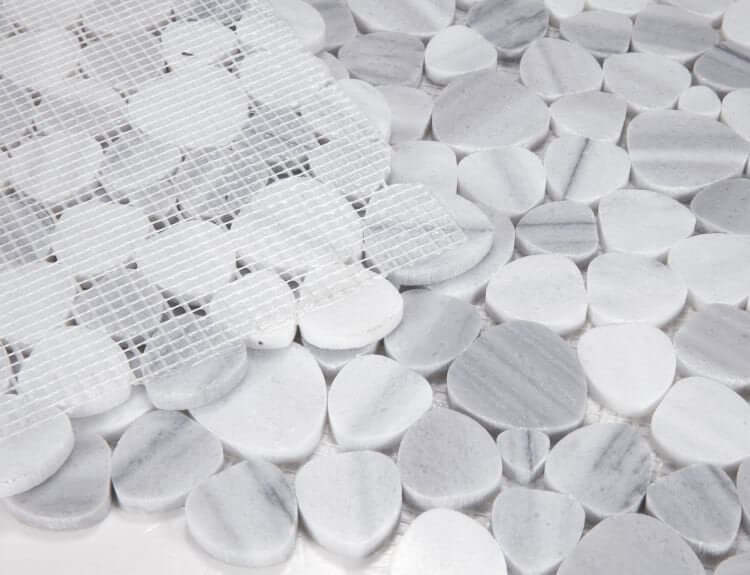 Aphrodite Marmala White Pebble Mosaics featuring heart-shaped marble tiles in grey and white hues.