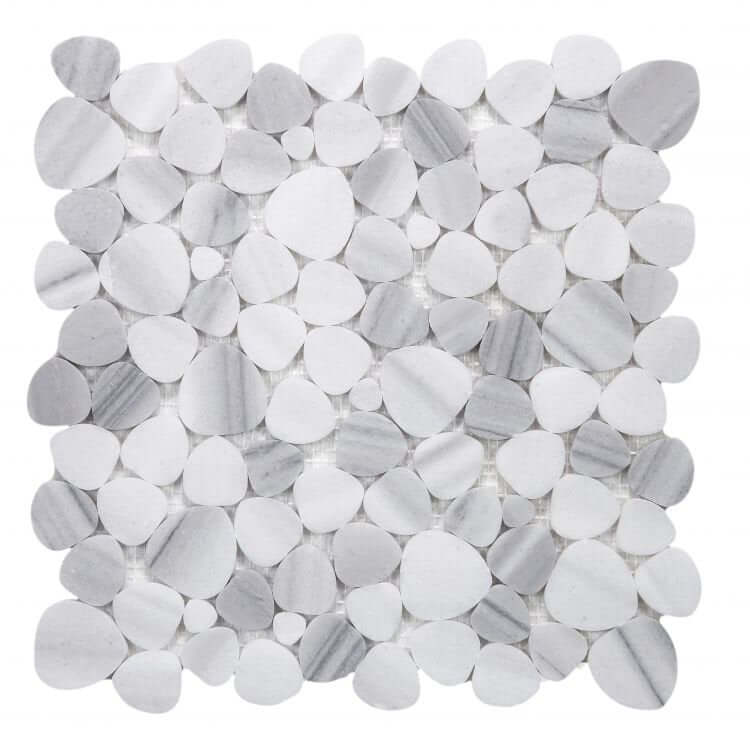 Aphrodite Marmala White Mosaics 12x12 tiles in grey and white hues made of authentic Marmala marble.