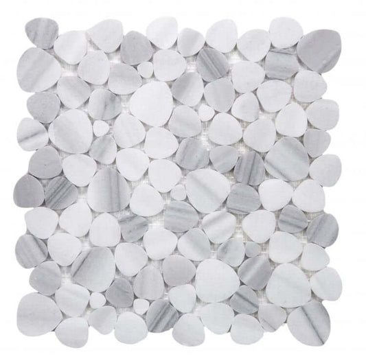 Aphrodite Marmala White Mosaics 12x12 tiles in grey and white hues made of authentic Marmala marble.