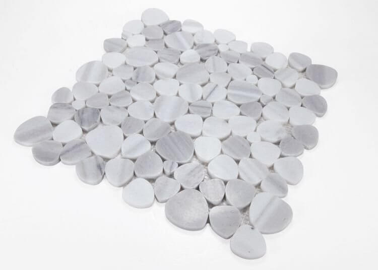 Aphrodite Marmara White 12x12 pebble mosaics in grey and white tones, showcasing heart-shaped Marmala marble.