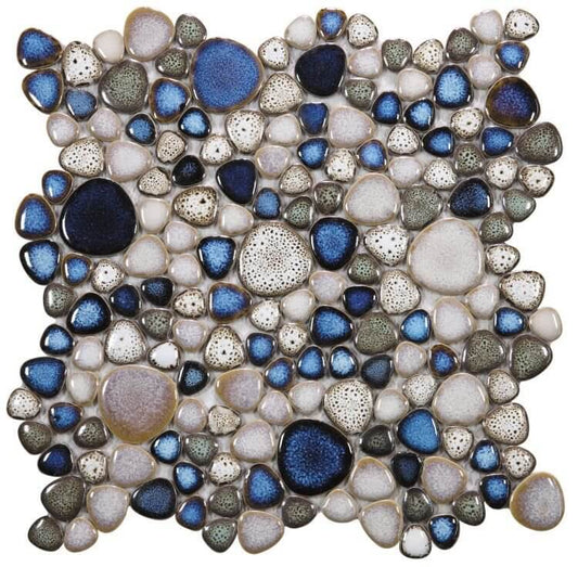 Poseidon Atlas 11.50x11.50 pebble mosaic tile featuring blue, grey, and white stones in a natural pattern, perfect for pool areas.