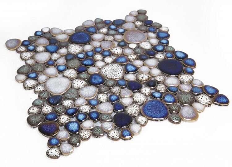 Poseidon Atlas 11.50 x 11.50 Pebble Mosaic Tile in blue and gray tones, perfect for pool areas and versatile design projects.
