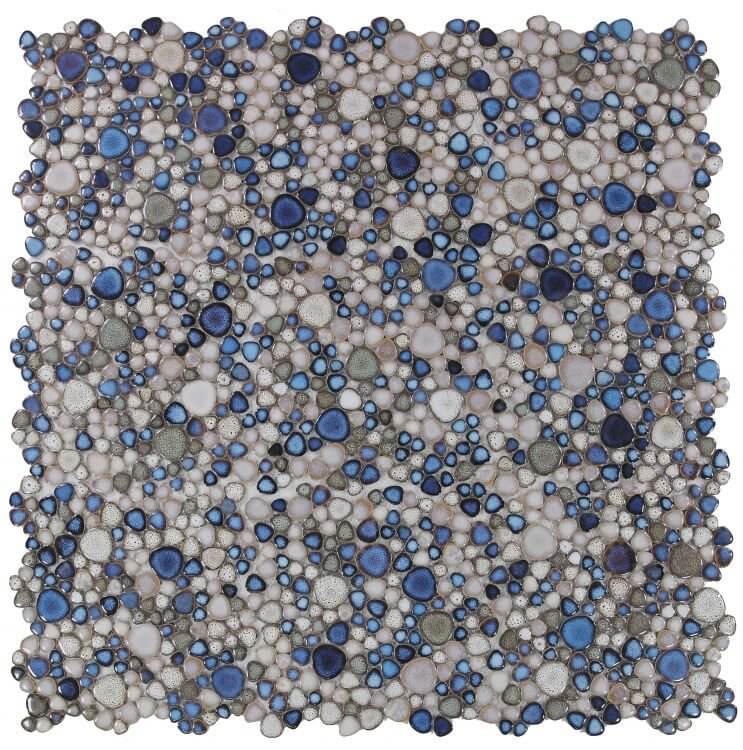 Poseidon Atlas 11.50 x 11.50 Pebble Mosaic Tile with blue and gray circular patterns, perfect for pool areas.