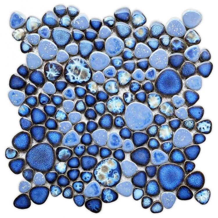 Azure 11.5 x 11.5 Pebble Mosaic Tile featuring smooth pebbles in blues and grays, ideal for pool areas.