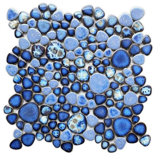 Azure 11.5 x 11.5 Pebble Mosaic Tile featuring smooth pebbles in blues and grays, ideal for pool areas.