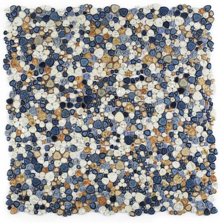 Poseidon Blue 11.50x11.50 pebble mosaic tile with blue, cream, and brown hues for poolside elegance.