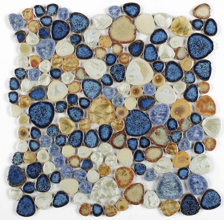 Poseidon Blue 11.50 x 11.50 pebble mosaic tile featuring a vibrant blend of blue, cream, and earthy tones, ideal for pools.