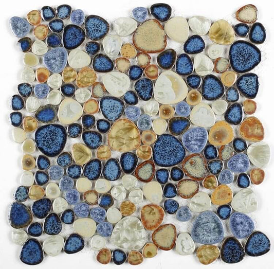 Poseidon Blue 11.50 x 11.50 pebble mosaic tile featuring a vibrant blend of blue, cream, and earthy tones, ideal for pools.