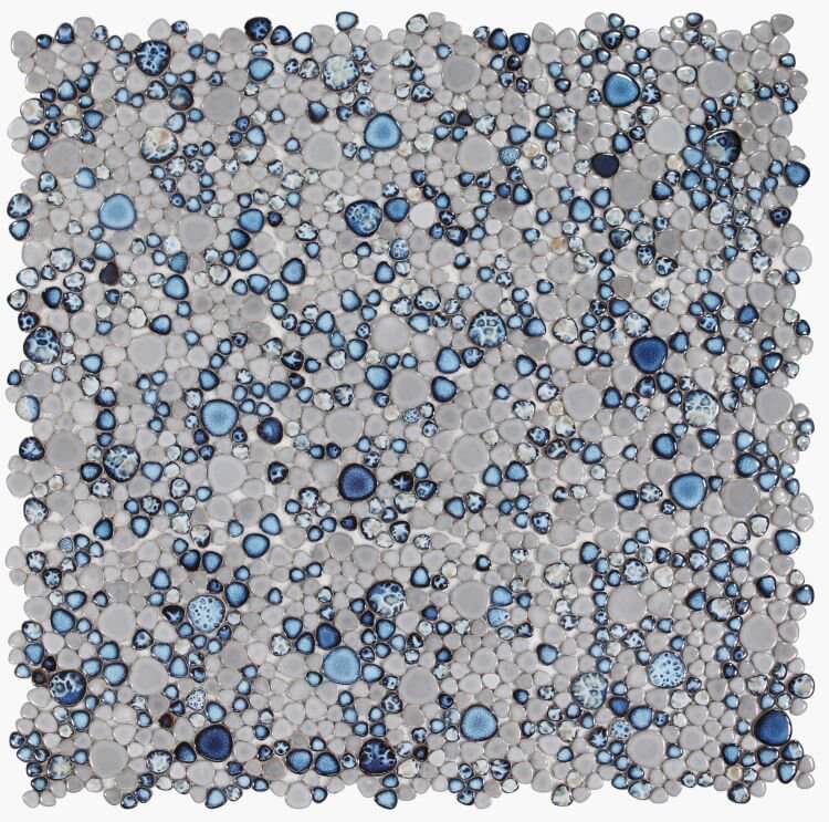 Poseidon Cielo 11.5x11.5 pebble mosaic tile in calming blue and gray tones, perfect for pool areas.
