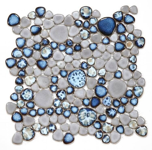 Poseidon Cielo 11.5x11.5 pebble mosaic tile in calming shades of blue, ideal for pool areas.