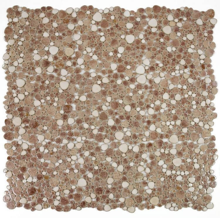 Poseidon Earth 11.5 x 11.5 pebble mosaic tile with earthy tones of browns, beiges, and creams.