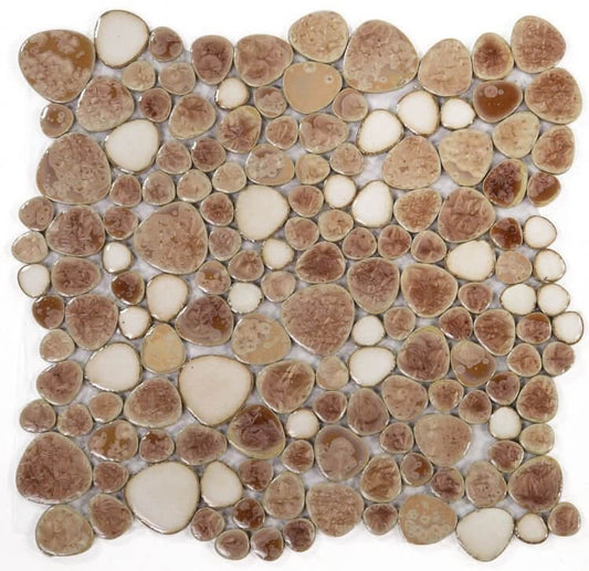 Poseidon Earth 11.5 x 11.5 pebble mosaic tile in rich browns, soft beiges, and subtle creams for pool areas.