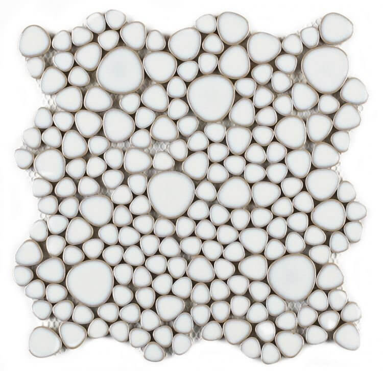 Fancy White 11.5x11.5 pebble mosaic tile, elegant natural design for pools and interiors.