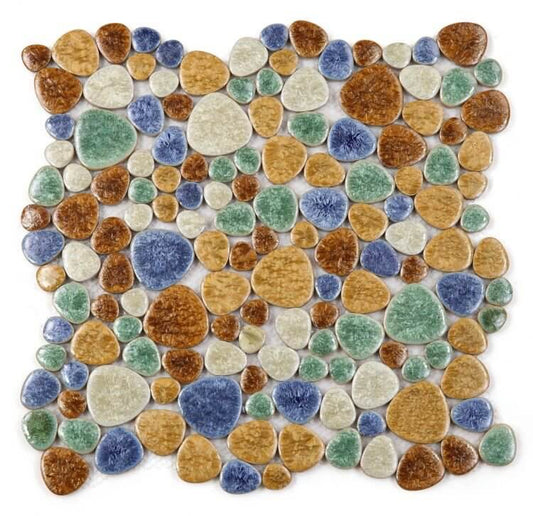 Poseidon Forest 11.5x11.5 pebble mosaic tile featuring earthy tones, deep browns, warm grays, and hints of green.