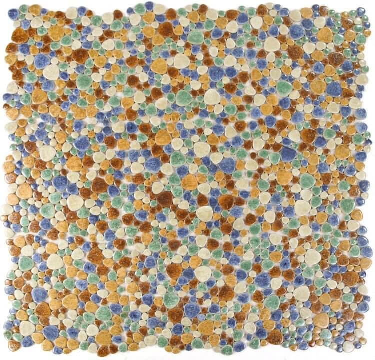 Natural pebbles in earthy tones of deep browns, warm grays, tans, and mossy greens, 11.5 x 11.5 pebble mosaic tile.