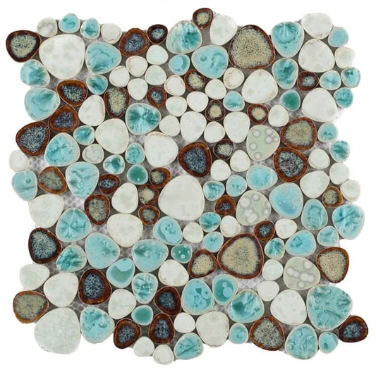 Poseidon Grass 11.5 x 11.5 Pebble Mosaic Tile featuring a blend of white and turquoise natural pebbles.