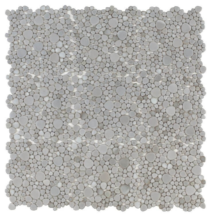Poseidon Grey 11.5x11.5 pebble mosaic tile featuring light silver, soft dove, and deep charcoal tones, perfect for pool areas.