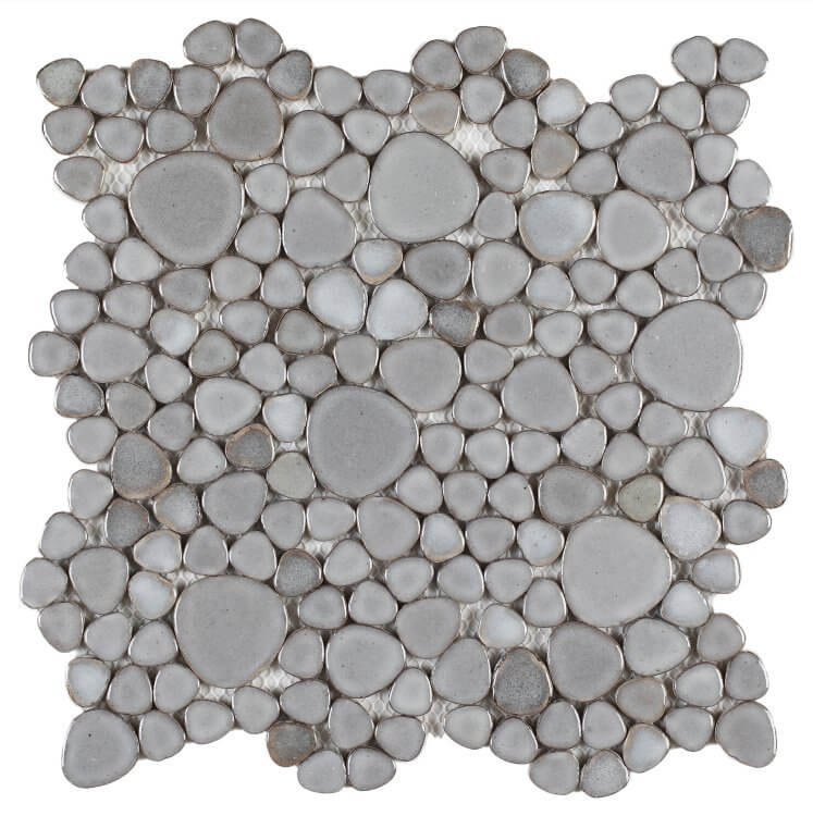 Poseidon Grey 11.5x11.5 pebble mosaic tile showcasing natural grey pebbles, ideal for elegant poolside and design applications.