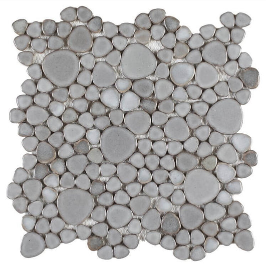 Poseidon Grey 11.5x11.5 pebble mosaic tile showcasing natural grey pebbles, ideal for elegant poolside and design applications.