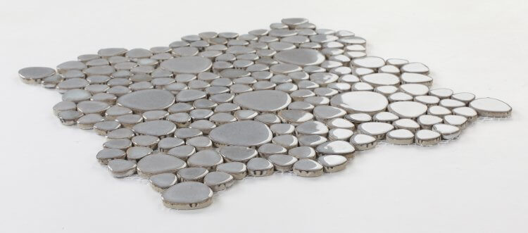 Poseidon Grey 11.5 x 11.5 Pebble Mosaic Tile featuring smooth natural pebbles in light silver and deep charcoal shades.