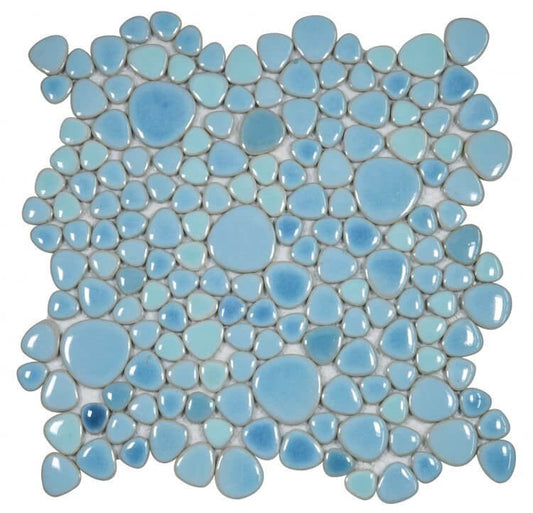 Poseidon Jewel Blue 11.5x11.5 pebble mosaic tile in shades of turquoise and cerulean, perfect for pools and vibrant designs.