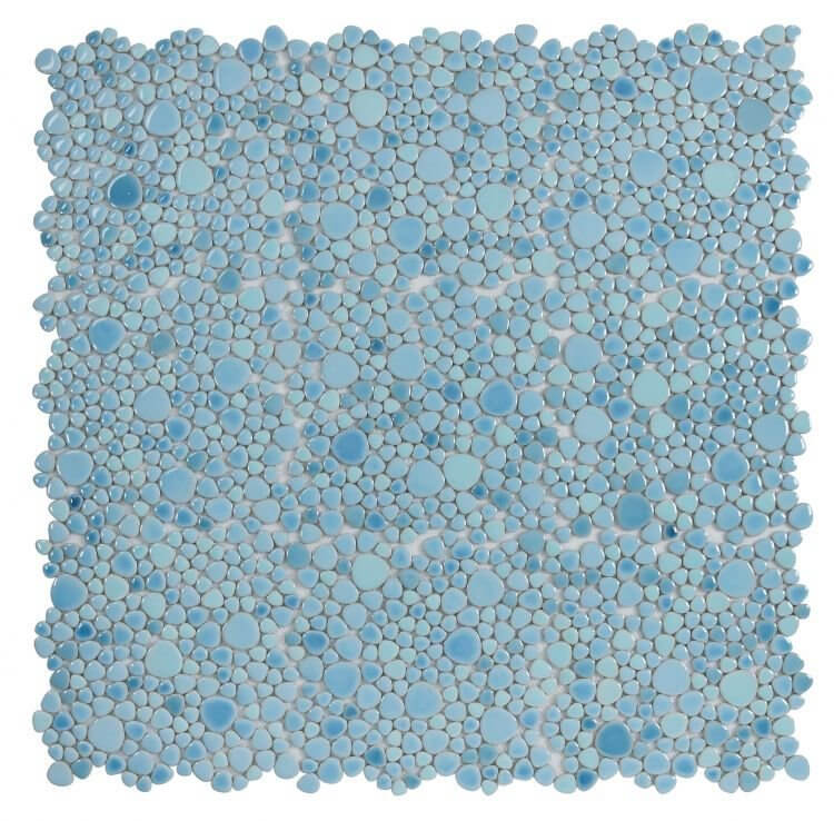 Poseidon Jewel Blue 11.5x11.5 pebble mosaic tile showcasing vibrant turquoise and blue circles, ideal for pools.