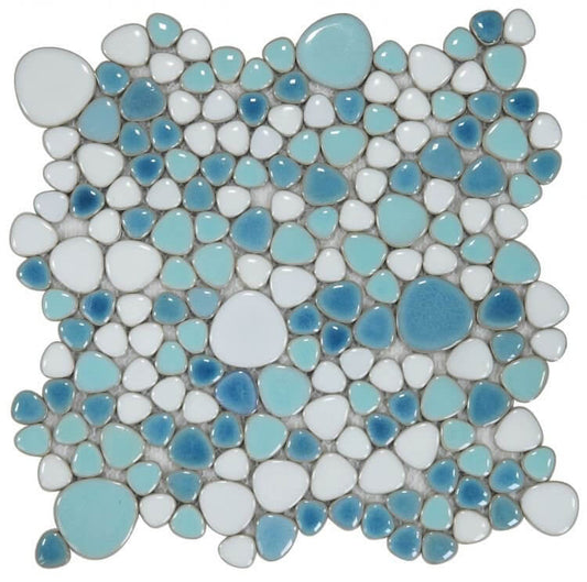 Aqua and white pebble mosaic tile sheet featuring various shapes and sizes in soothing blue tones.