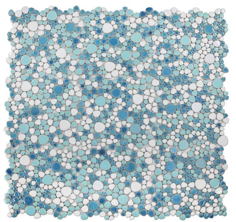 Aerial view of a circular pebble mosaic tile in shades of blue and white, ideal for stylish pool designs.