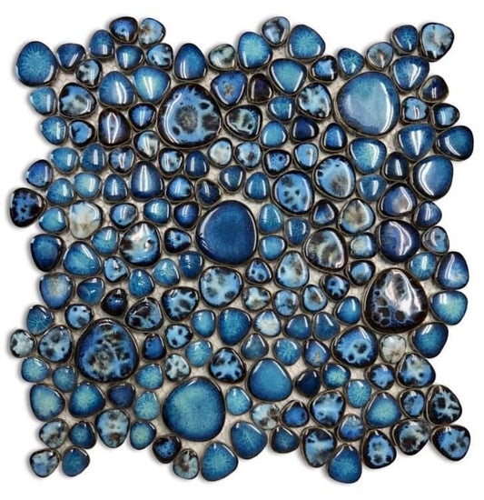 Poseidon Lake 11.5 x 11.5 mosaic tile in shades of blue, featuring teals and aquamarines perfect for pools.