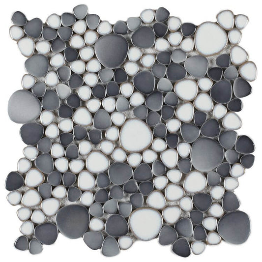 Loft 11.50 x 11.50 gray and white pebble mosaic porcelain tile, perfect for modern pool designs.