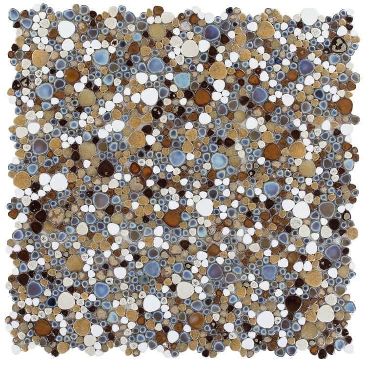 Mosaic tile featuring smooth, organically shaped pebbles in earthy tones, blues, and whites, ideal for modern decor.