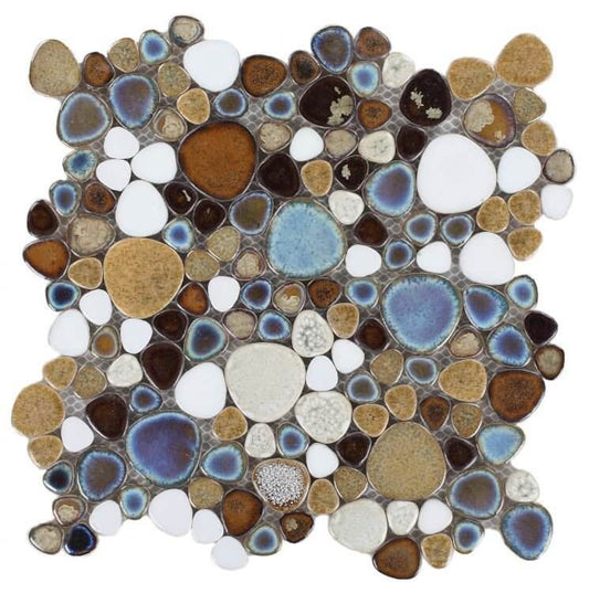 Poseidon Mango 11.50x11.50 pebble mosaic tile in earthy tones of brown, blue, white, and cream, perfect for pool areas.