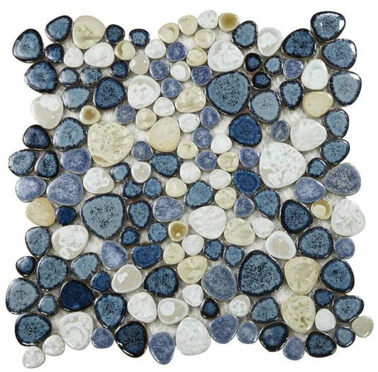 Poseidon Ocean 11.50x11.50 pebble mosaic tile featuring blue, white, and beige porcelain pebbles, ideal for modern pools.