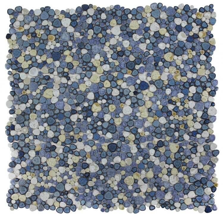 Poseidon Ocean 11.50x11.50 Pebble Mosaic Tile featuring blue, gray, and cream colored porcelain pebbles for pools.