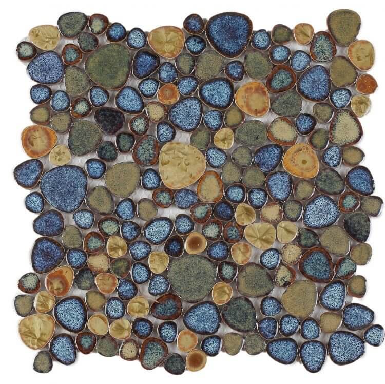 Poseidon Olive 11.50 x 11.50 Pebble Mosaic Tile featuring a mix of blue, green, and earthy tones, perfect for pool areas.