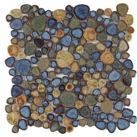 Poseidon Olive 11.50 x 11.50 Pebble Mosaic Tile featuring a mix of blue, green, and earthy tones, perfect for pool areas.