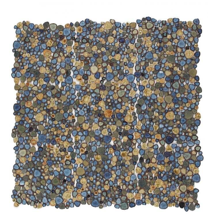 Poseidon Olive 11.50 x 11.50 pebble mosaic tile featuring shades of blue, green, and earthy tones, ideal for modern decor.