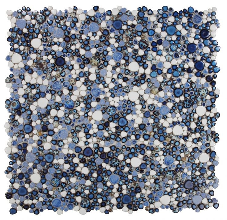 Poseidon Royal Blue 11.50 x 11.50 Pebble Mosaic Tile featuring a blend of blue and white porcelain pebbles, ideal for modern pools.