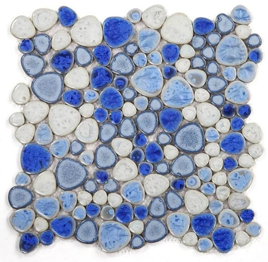 Poseidon Sapphire 11.5 x 11.5 pebble mosaic tile with blue and white porcelain pebbles, ideal for modern spaces.