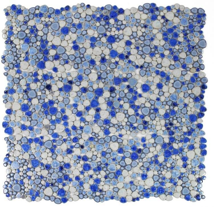 Poseidon Sapphire 11.5 x 11.5 pebble mosaic tile with blue and white colors, perfect for modern pool and bathroom designs.