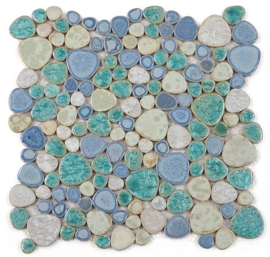 Poseidon Sea Pebble 11.5x11.5 mosaic tile featuring smooth, organically shaped pebbles in shades of blue and green.