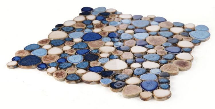 Poseidon Seaside 11.5x11.5 pebble mosaic porcelain tile in blue tones for modern decor.