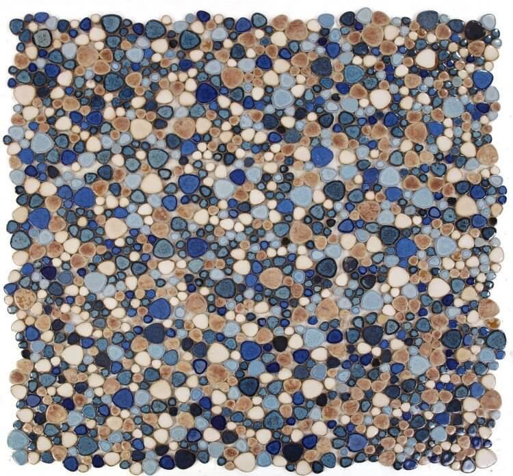 Poseidon Seaside 11.5x11.5 pebble mosaic tile featuring blue, beige, and cream colored porcelain pebbles on a mesh sheet.