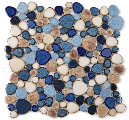 Poseidon Seaside 11.5x11.5 pebble mosaic tile features blue, beige, and earthy tones in a textured design.