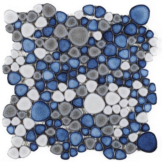 Poseidon Sky 11.5x11.5 pebble mosaic tile in blue, gray, and white shades for modern decor and pool applications.