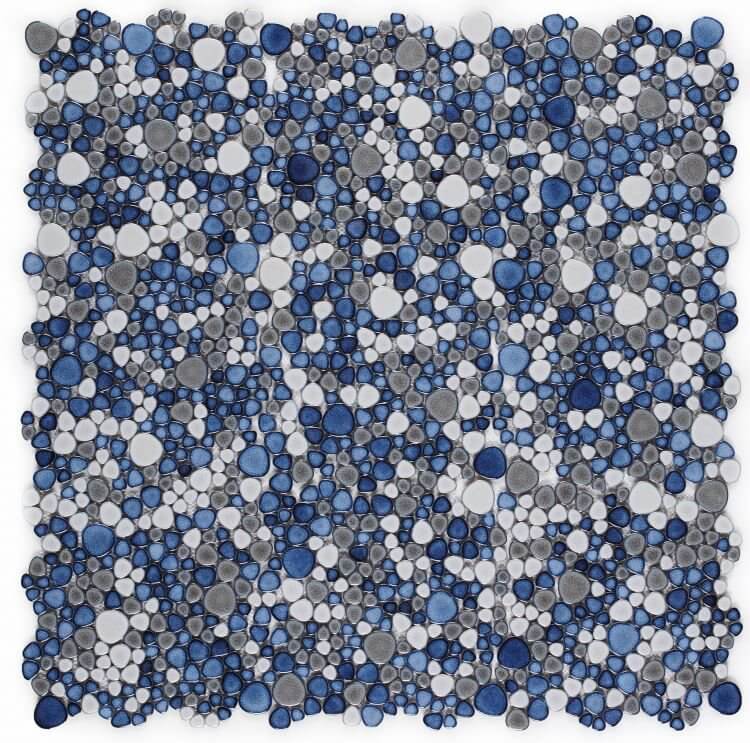 Poseidon Sky 11.5x11.5 Pebble Mosaic Tile in blue, gray, and white, ideal for modern pool aesthetics.
