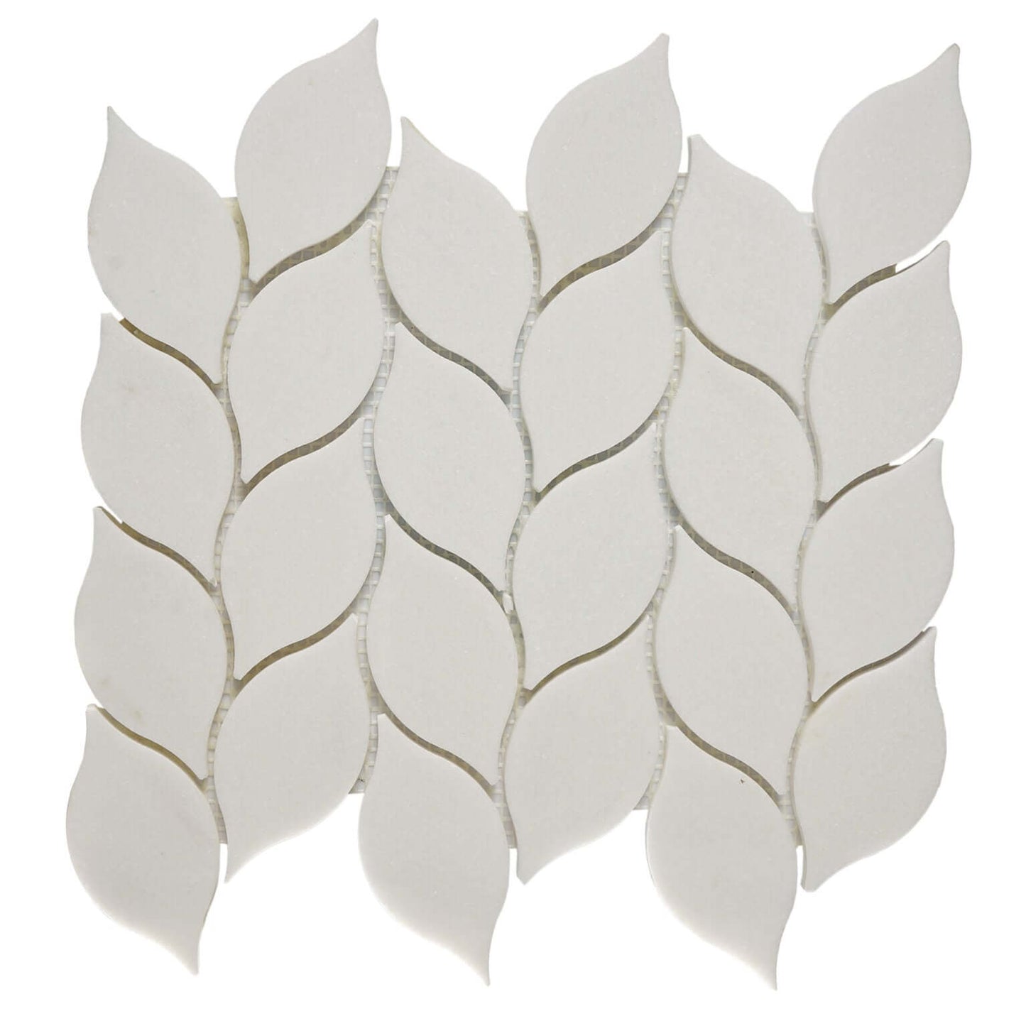 Thassos Leaf Motif Marble Mosaic Tile in pure white, showcasing a delicate leaf pattern for elegant decor.