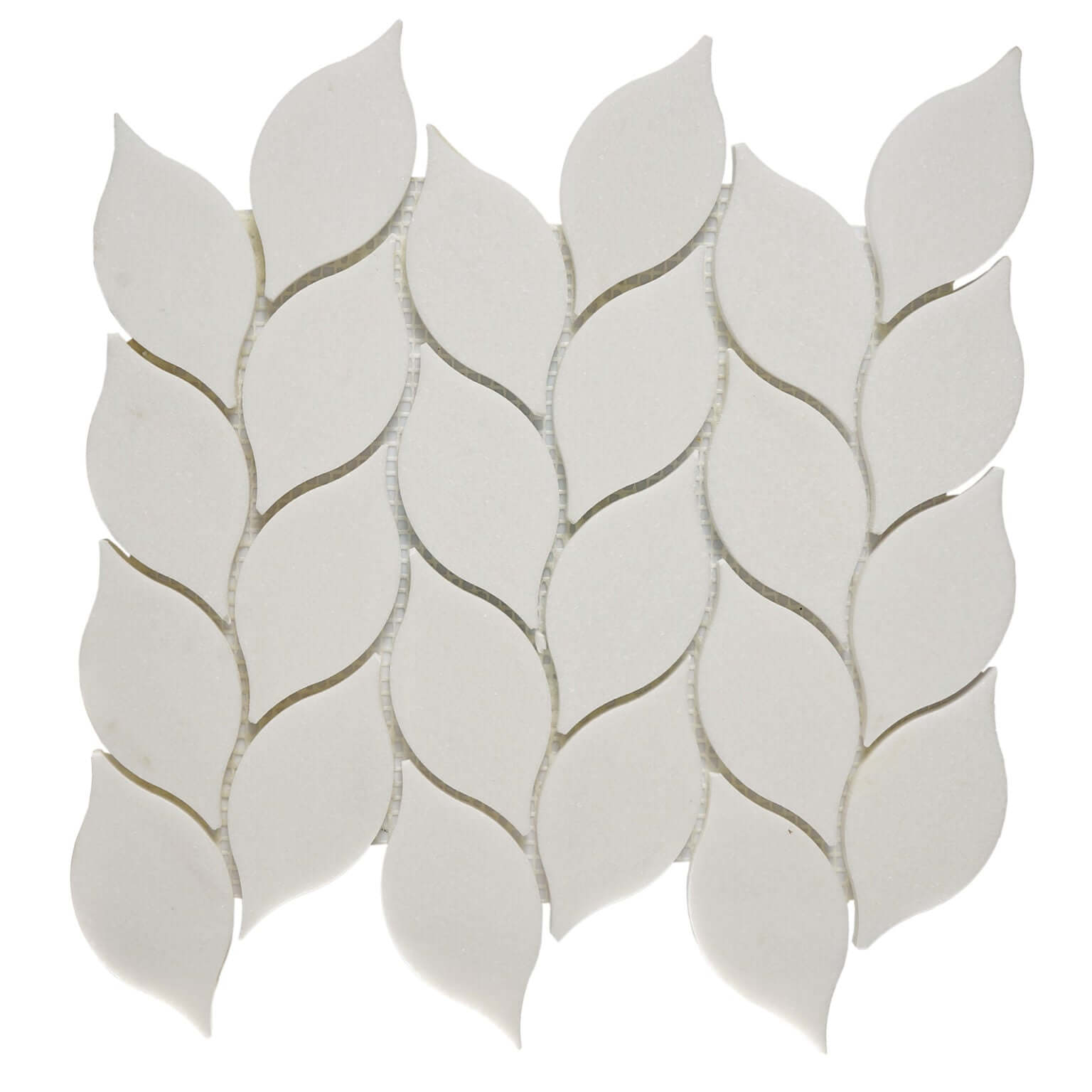 Thassos Leaf Motif Marble Mosaic Tile in pure white, showcasing a delicate leaf pattern for elegant decor.