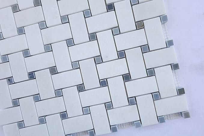 Thassos White Marble Basketweave with Gray Bardiglio Dots - Hey Tiles