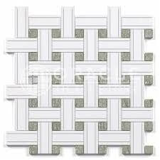 Thassos White Marble Triple - Weave Mosaic w/ Ming Green Dots - Hey Tiles